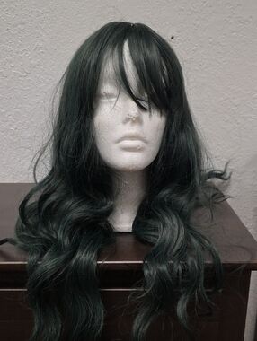 Deep Forest Green Long Wavy Women's Wig with Bangs